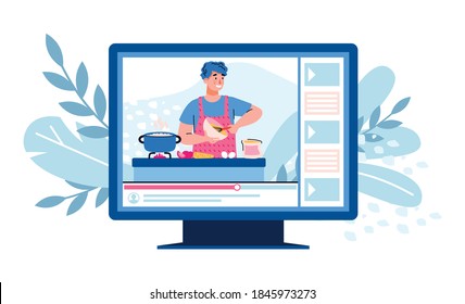 Vlogger or blogger on the player screen. Video blog with cooking recipes and comments from subscribers. Online tutorial or channel cooking. Flat cartoon vector isolated illustration