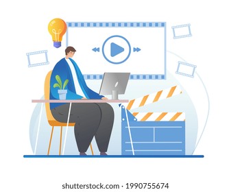 Vlogger or blogger realize creative idea in video editing program. Lightbulb innovation symbol in app for IT software. Flat abstract metaphor cartoon vector concept design isolated on white background