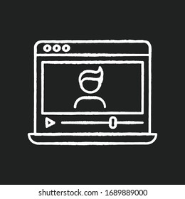Vlogger chalk white icon on black background. Influencer on social media platform. Watch recording online. Stream video on internet. Livestream from blogger. Isolated vector chalkboard illustration