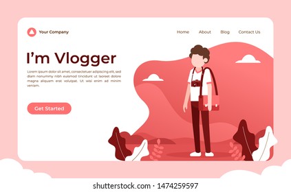 Vlogger Concept Vector Flat Illustration for landing page, wallpaper, background, banner, advertising, web, business