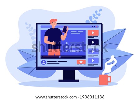 Vlogger giving video review, advertising new smartphone or online mobile app on his vlog channel. Vector illustration for marketing influencer, technology news concept