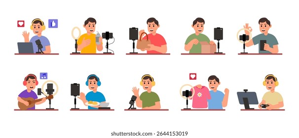 Vlogger man recording content, vector illustration	