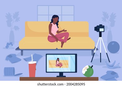 Vlogger In Messy Room Flat Color Vector Illustration. Disorder In Home. Bad Habit Of Leaving Mess. Blogger Recording Video On Camera 2D Cartoon Character With Dirty Clothing On Floor On Background