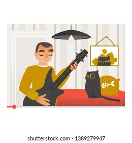 Vlogger playing guitar and singing song on video screen - male blogger character on his artist tutorials or entertainment vlog channel in flat style isolated on white background.