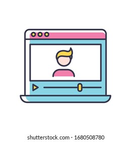 Vlogger RGB Color Icon. Influencer On Social Media Platform. Watch Recording Online On Computer. Stream Video On Internet. Livestream From Blogger. Laptop Screen. Isolated Vector Illustration