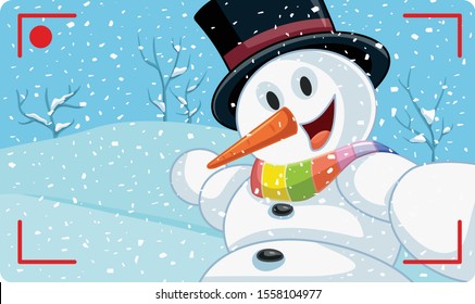 Vlogger Snowman Filming the Snow Vector Cartoon. Funny winter character taking a selfie while snowing
