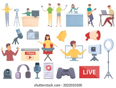 Vlogger streaming icons set cartoon vector. Live game. Computer chat