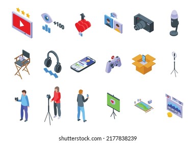 Vlogger Streaming Icons Set Isometric Vector. Game Live. Computer Chat