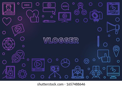 Vlogger vector colorful outline illustration or horizontal frame on dark background