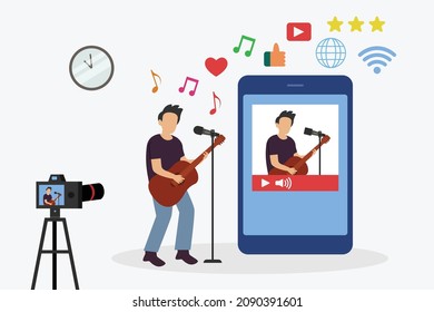 Vlogger vector concept. Male musician performing on the streaming video while doing isolation at the home