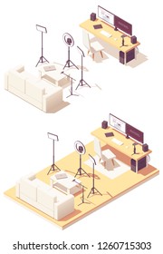 Vlogger or Video blogger studio equipment. Vector isometric room cross-section desk, desktop pc, DSLR camera, studio lighting kit, microphone, smartphone with steadicam and sofa