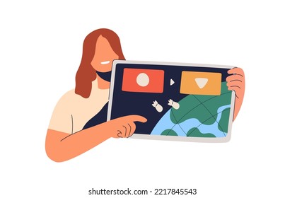 Vlogger and video review on politics. Online channel with political news, history education. Journalist and mass media reportage, vlog concept. Flat vector illustration isolated on white background