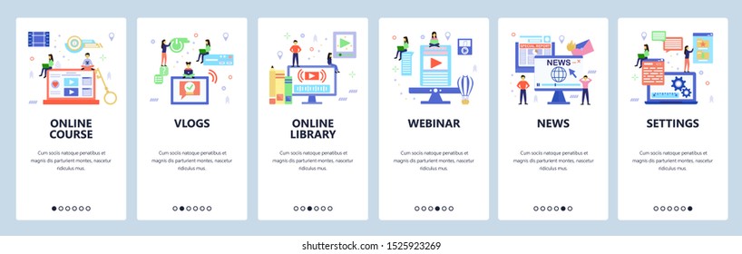 Vlogger web site and mobile app onboarding screens. Menu banner vector template for website and application development. Flat style design.