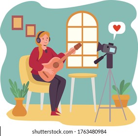 Vlogger woman  is doing live music vlog at home