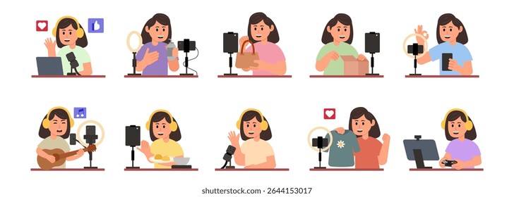 Vlogger woman recording video content, vector illustration	