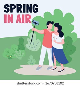 Vloggers in park social media post mockup. Spring in air phrase. Web banner design template. Influencers lifestyle booster, content layout with inscription. Poster, print ads and flat illustration