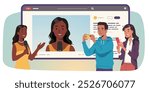 Vloggers recording streaming celebrity interview online. Journalists reporters man, woman with smartphones shooting person speaking. Internet video media content concept flat vector illustration