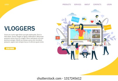 Vloggers vector website template, web page and landing page design for website and mobile site development. Video blogging concept.