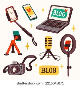 Vlogging, equipment for making a blog or vlog vector illustration. Set of cartoon digital devices for making internet content vector flat illustration