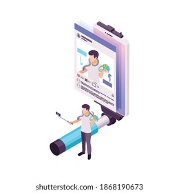 Vlogging isometric concept with person making video about animals 3d vector illustration