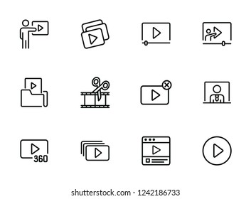 Vlogging line icon set. Set of line icons on white background. Video production concept. Video folder, editing, playlist. Vector illustration can be used for topics like production, vlogging, cutting 