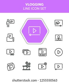 Vlogging line icon set. Set of line icons on white background. Video production concept. Video folder, editing, playlist. Vector illustration can be used for topics like production, vlogging, cutting 