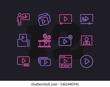 Vlogging line icon set. Set of line icons on white background. Video production concept. Video folder, editing, playlist. Vector illustration can be used for topics like production, vlogging, cutting 