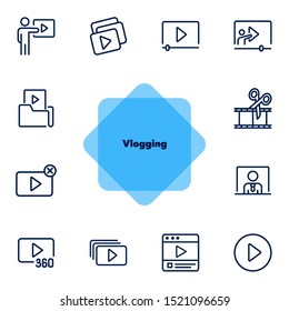 Vlogging line icon set. Set of line icons on white background. Video production concept. Video folder, editing, playlist. Vector illustration can be used for topics like production, vlogging, cutting
