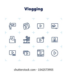 Vlogging line icon set. Set of line icons on white background. Video production concept. Video folder, editing, playlist. Vector illustration can be used for topics like production, vlogging, cutting