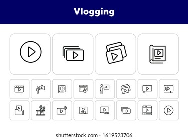 Vlogging line icon set. Set of line icons on white background. Video production concept. Video folder, editing, playlist. Vector illustration can be used for topics like production, vlogging, cutting