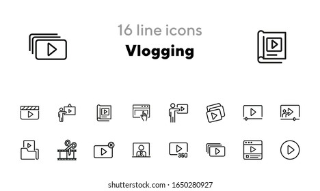 Vlogging line icon set. Set of line icons on white background. Video production concept. Video folder, editing, playlist. Vector illustration can be used for topics like production, vlogging, cutting