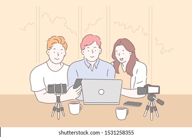 Vlogging, live streaming from laptop concept. Friends shooting vlog, using cameras and smartphones on tripod, parents and son having video conference, chatting online. Simple flat vector