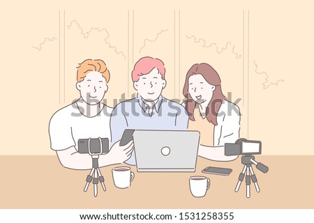 Vlogging, live streaming from laptop concept. Friends shooting vlog, using cameras and smartphones on tripod, parents and son having video conference, chatting online. Simple flat vector