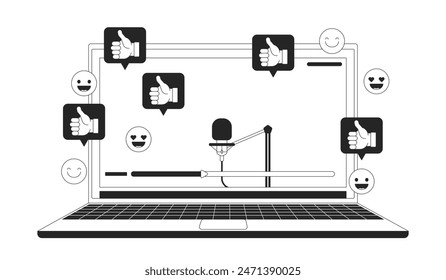 Vlogging microphone in laptop live stream black and white 2D illustration concept. Video reactions cartoon outline object isolated on white. Social media popularity metaphor monochrome vector art