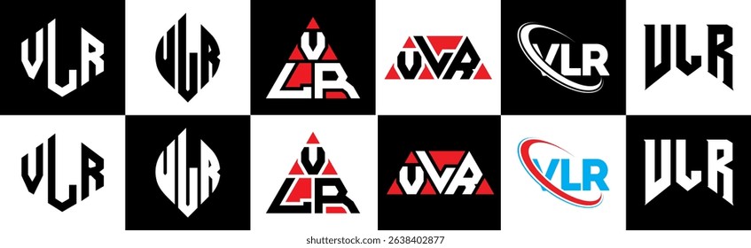 VLR letter logo design in six style. VLR polygon, circle, triangle, hexagon, flat and simple style with black and white color variation letter logo set in one artboard. VLR minimalist and classic logo