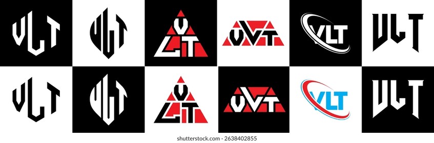 VLT letter logo design in six style. VLT polygon, circle, triangle, hexagon, flat and simple style with black and white color variation letter logo set in one artboard. VLT minimalist and classic logo