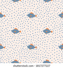 Vlue little fish minimalistic seamless pattern. Aqua artwork with light dotted background. Stylized exotic print. Designed for wallpaper, textile, wrapping paper, fabric print. Vector illustration.