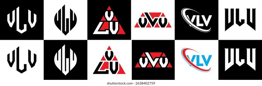 VLV letter logo design in six style. VLV polygon, circle, triangle, hexagon, flat and simple style with black and white color variation letter logo set in one artboard. VLV minimalist and classic logo
