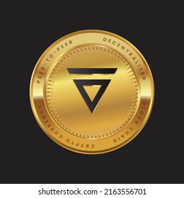 VLX Cryptocurrency new logo in black color concept on gold coin. Velas coin Block chain technology symbol. Vector illustration for banner, background, web, print, article.