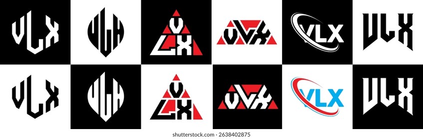 VLX letter logo design in six style. VLX polygon, circle, triangle, hexagon, flat and simple style with black and white color variation letter logo set in one artboard. VLX minimalist and classic logo