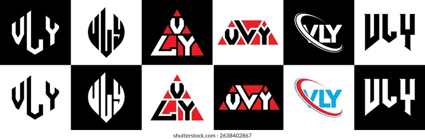 VLY letter logo design in six style. VLY polygon, circle, triangle, hexagon, flat and simple style with black and white color variation letter logo set in one artboard. VLY minimalist and classic logo