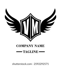 VM bold shield logo with wings, customizable with letters A to Z. Perfect for brands seeking a powerful symbol of strength, freedom, and ambition