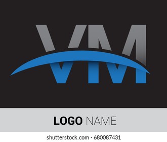 VM initial logo company name colored grey and blue swoosh design.