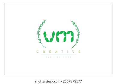 VM letters eco logo with leaf. Fresh nature and healthy leaf logo design.