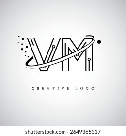 Logotipo do Monograma da Órbita da VM - Marca de Letra Mínima Futurista com Linha de Arte Circular, Pontos Inspirados na Tecnologia e Conceito de Movimento Espacial para Identidade de Marca Moderna