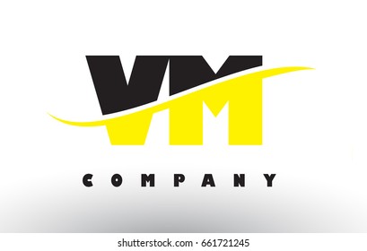 VM V M  Black and Yellow Letter Logo with White Swoosh and Curved Lines.