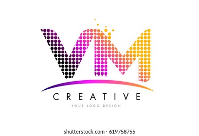 VM V M Dots Letter Logo Design with Magenta Bubble Circles and Swoosh