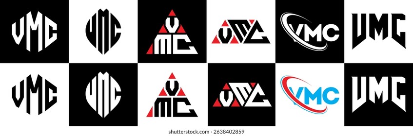VMC letter logo design in six style. VMC polygon, circle, triangle, hexagon, flat and simple style with black and white color variation letter logo set in one artboard. VMC minimalist and classic logo