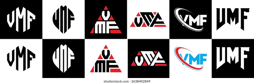 VMF letter logo design in six style. VMF polygon, circle, triangle, hexagon, flat and simple style with black and white color variation letter logo set in one artboard. VMF minimalist and classic logo