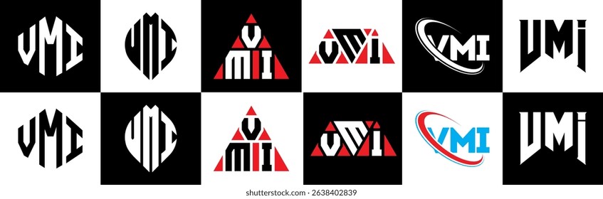 VMI letter logo design in six style. VMI polygon, circle, triangle, hexagon, flat and simple style with black and white color variation letter logo set in one artboard. VMI minimalist and classic logo